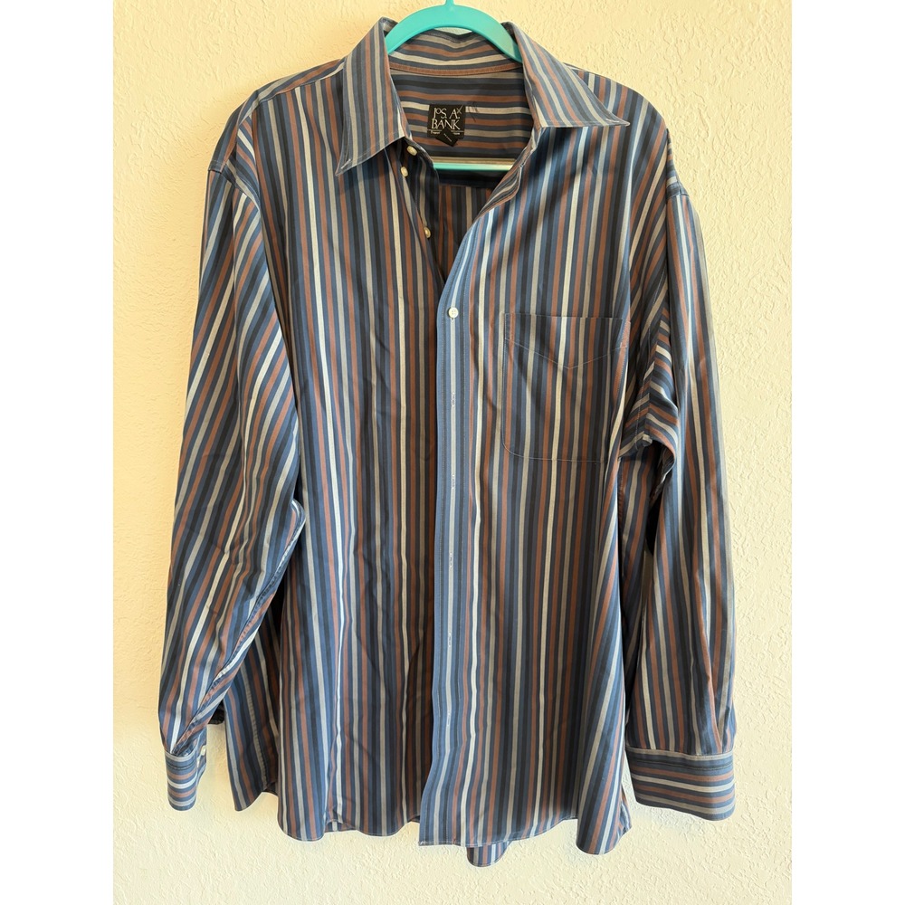 Jos A Bank Travelers Collection Mens XL Blue Brown Striped Cotton Button Shirt